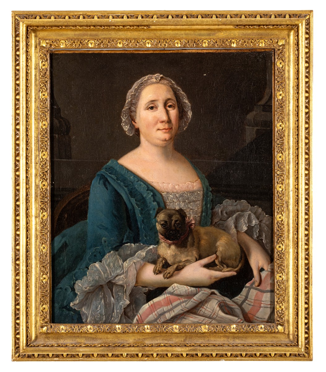 Scuola francese Ritratto di Dama con cane carlino XVIII secolo