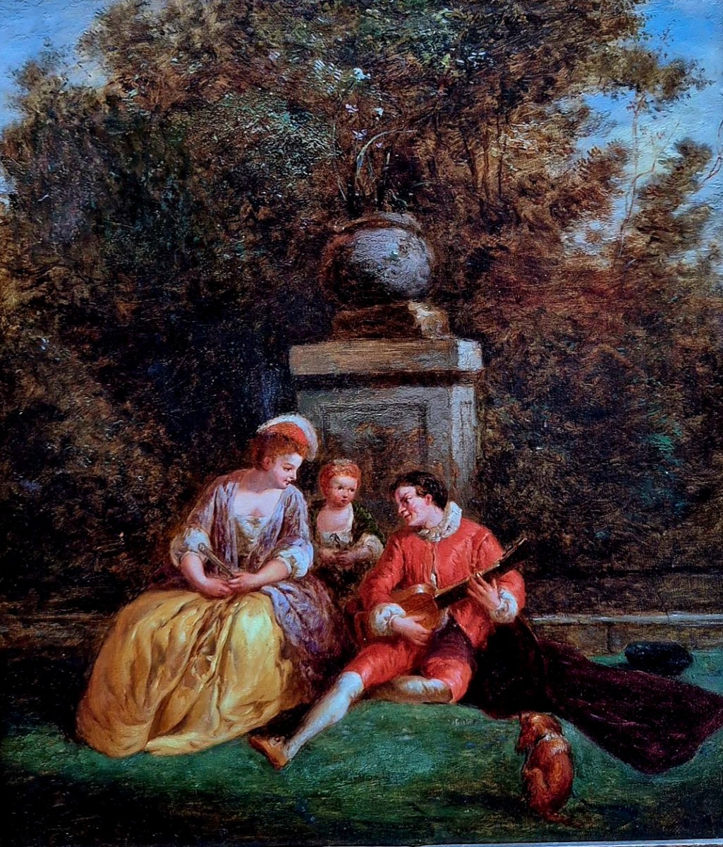 Intrattenimento nel Parco, Dipinto olio su tela Francia XIX Secolo -photo-3