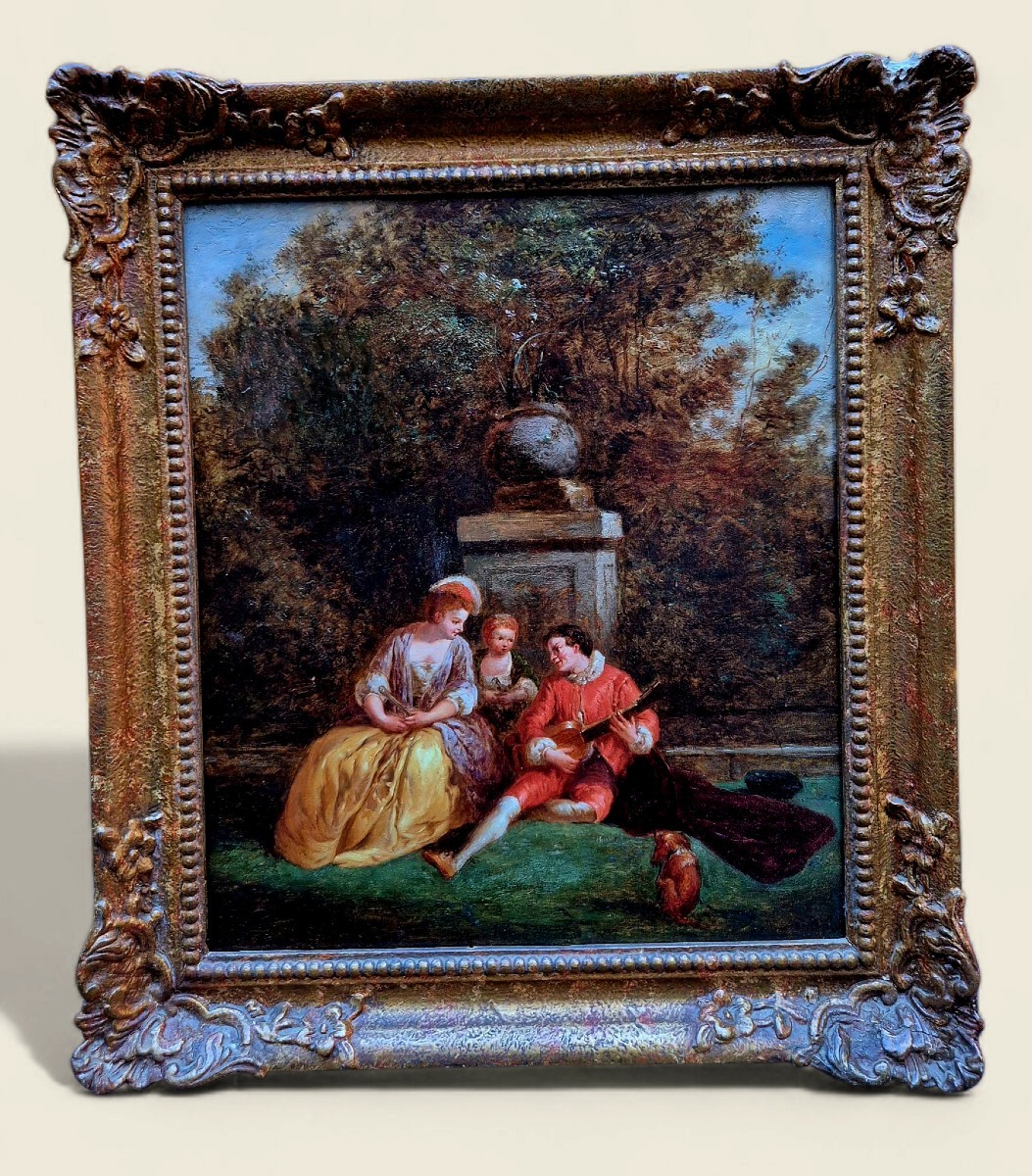 Intrattenimento nel Parco, Dipinto olio su tela Francia XIX Secolo 