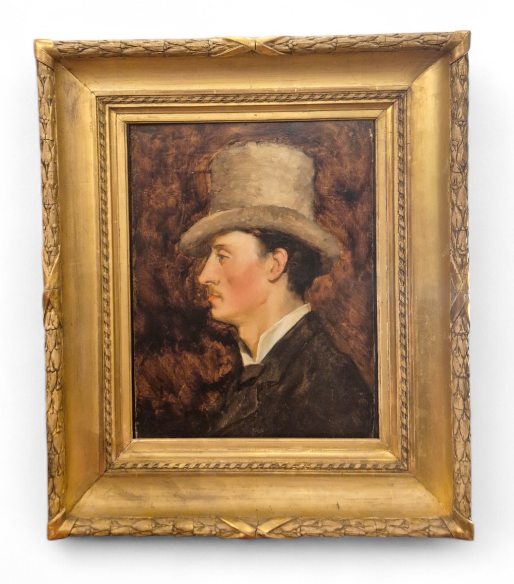 Ritratto d uomo con cilindro, dipinto di F. Mirailles , Spagna XIX Secolo