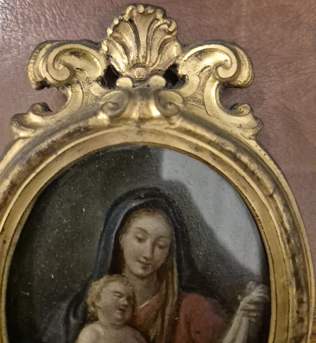 Olio su rame Madonna e bambino in cornice bronzo dorato Napoli XVIII secolo-photo-3