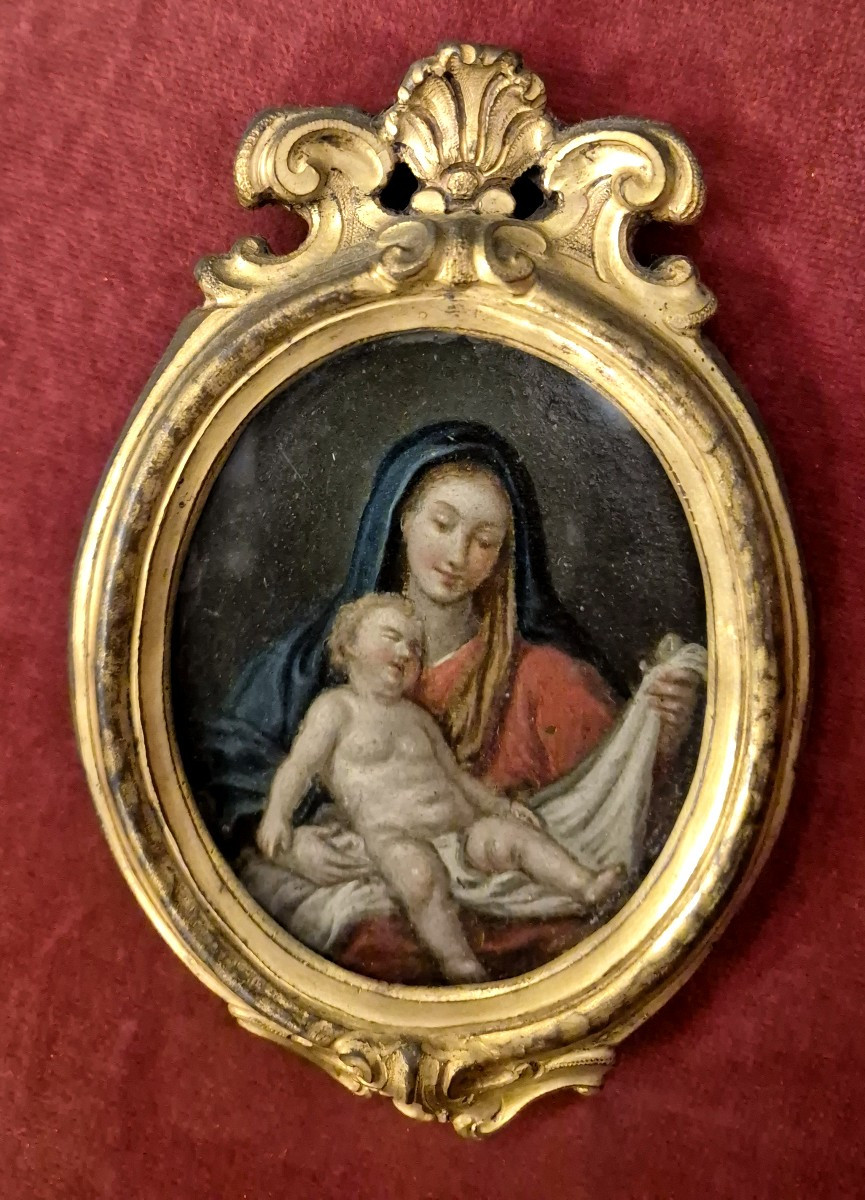 Olio su rame Madonna e bambino in cornice bronzo dorato Napoli XVIII secolo