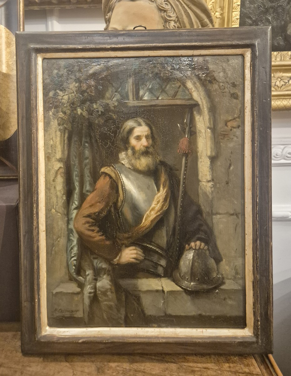 Ritratto di uomo in armatura, dipinto di H.M. Cossmann, Francia Germania XIX Secolo-photo-3