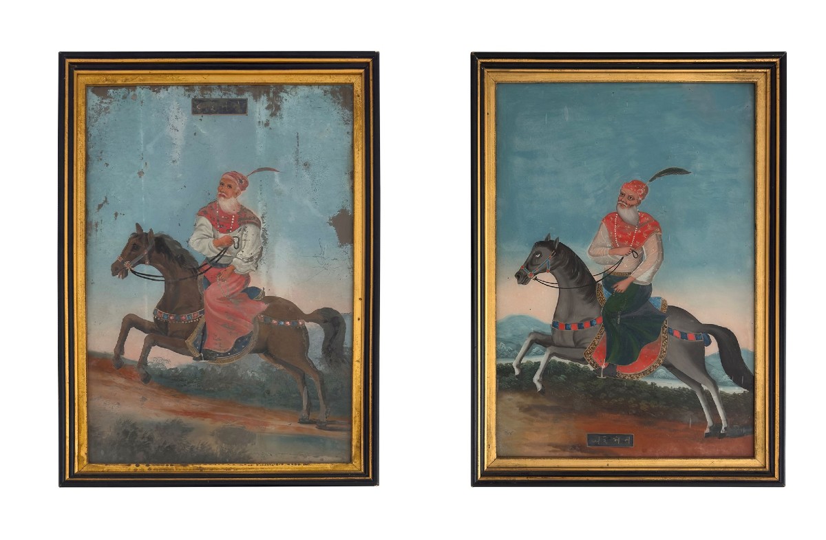 cavalieri a cavallo, dipinto sottovetro Persia XIX Secolo 