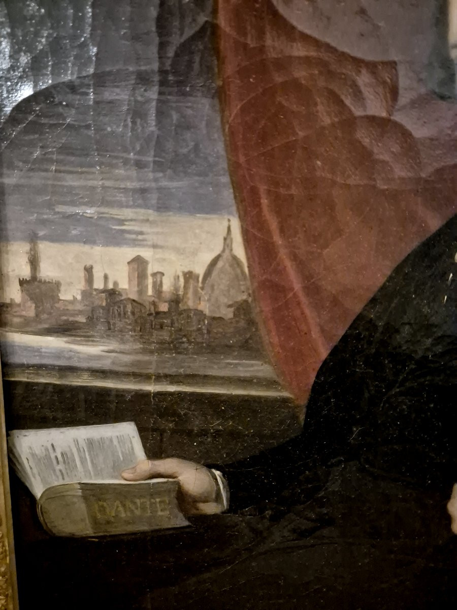 Ritratto di studioso di Dante con veduta di Firenze olio su tela XIX secolo-photo-3