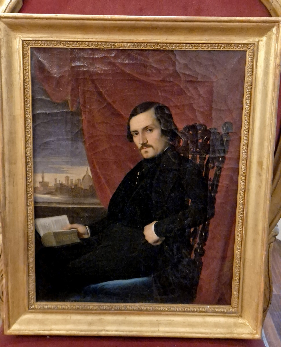 Ritratto di studioso di Dante con veduta di Firenze olio su tela XIX secolo