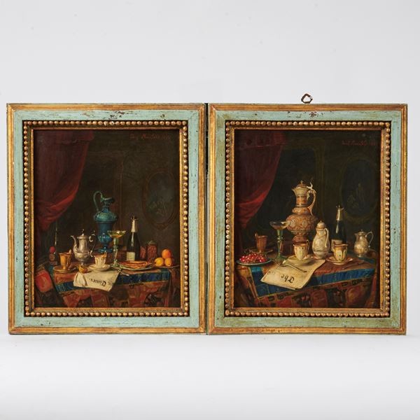 Coppia di nature morte olio su tavola Josef Mansfeld 1888 Vienna XIX secolo