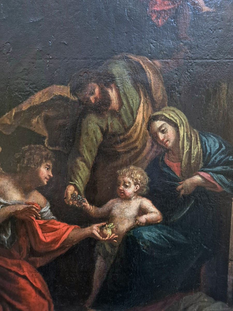 Sacra famiglia con angelo, dipinto Italia XVII secolo-photo-2