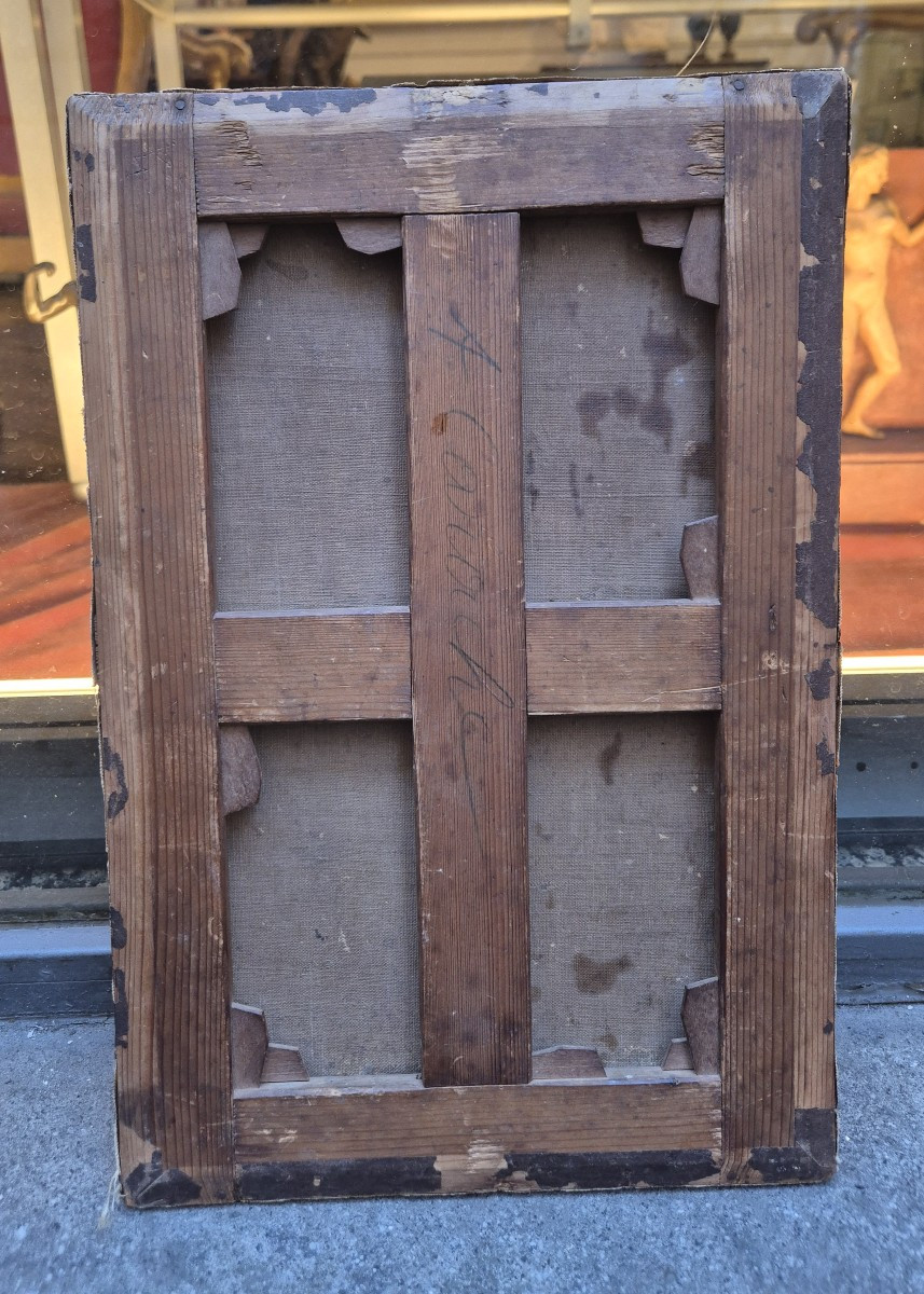 Sacra famiglia con angelo, dipinto Italia XVII secolo-photo-3