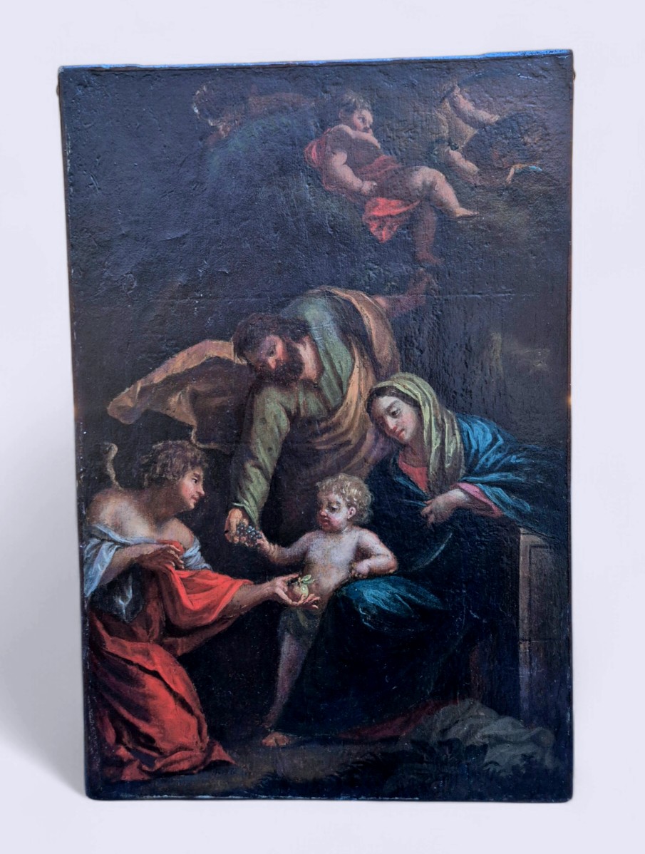 Sacra famiglia con angelo, dipinto Italia XVII secolo