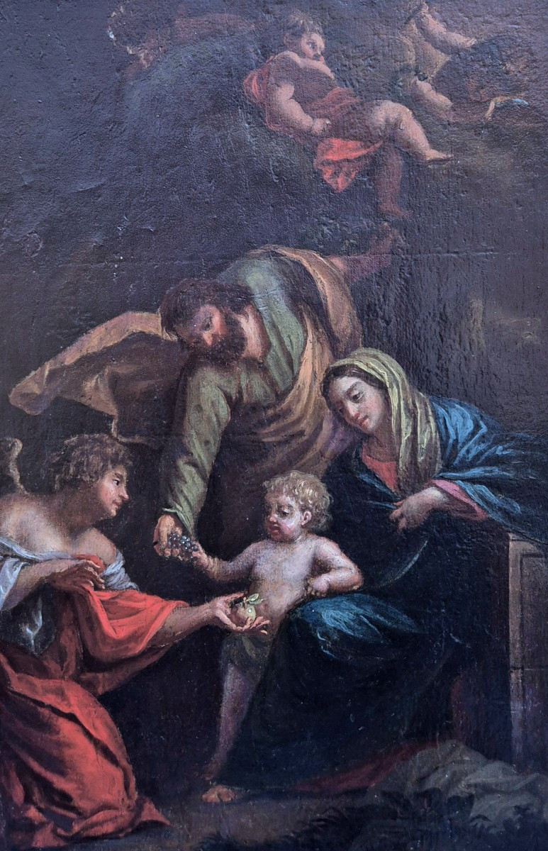 Sacra famiglia con angelo, dipinto Italia XVII secolo