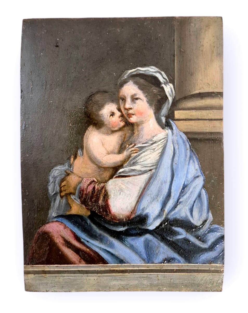 Madonna col bambino . Dipinto olio su rame Venezia XVII Secolo. Rinascimento-photo-2