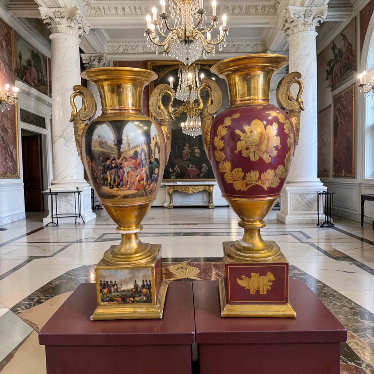 Coppia di vasi neoclassici, con scene napoleoniche, porcellana Francia XIX Secolo -photo-2