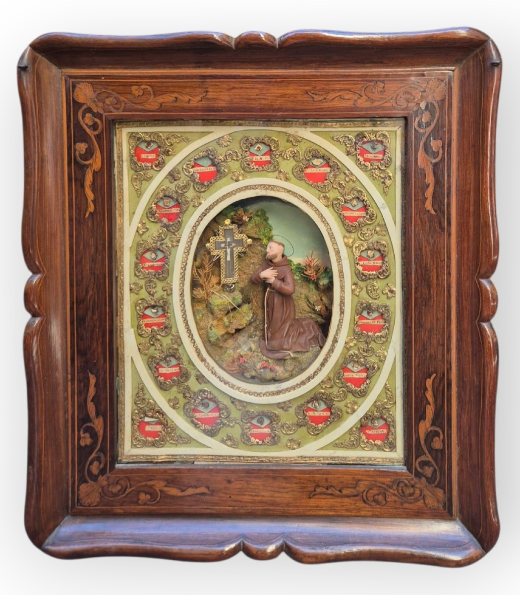 Teca con reliquie e cera di San Francesco, legno ed altri materiali , Napoli XIX Secolo 