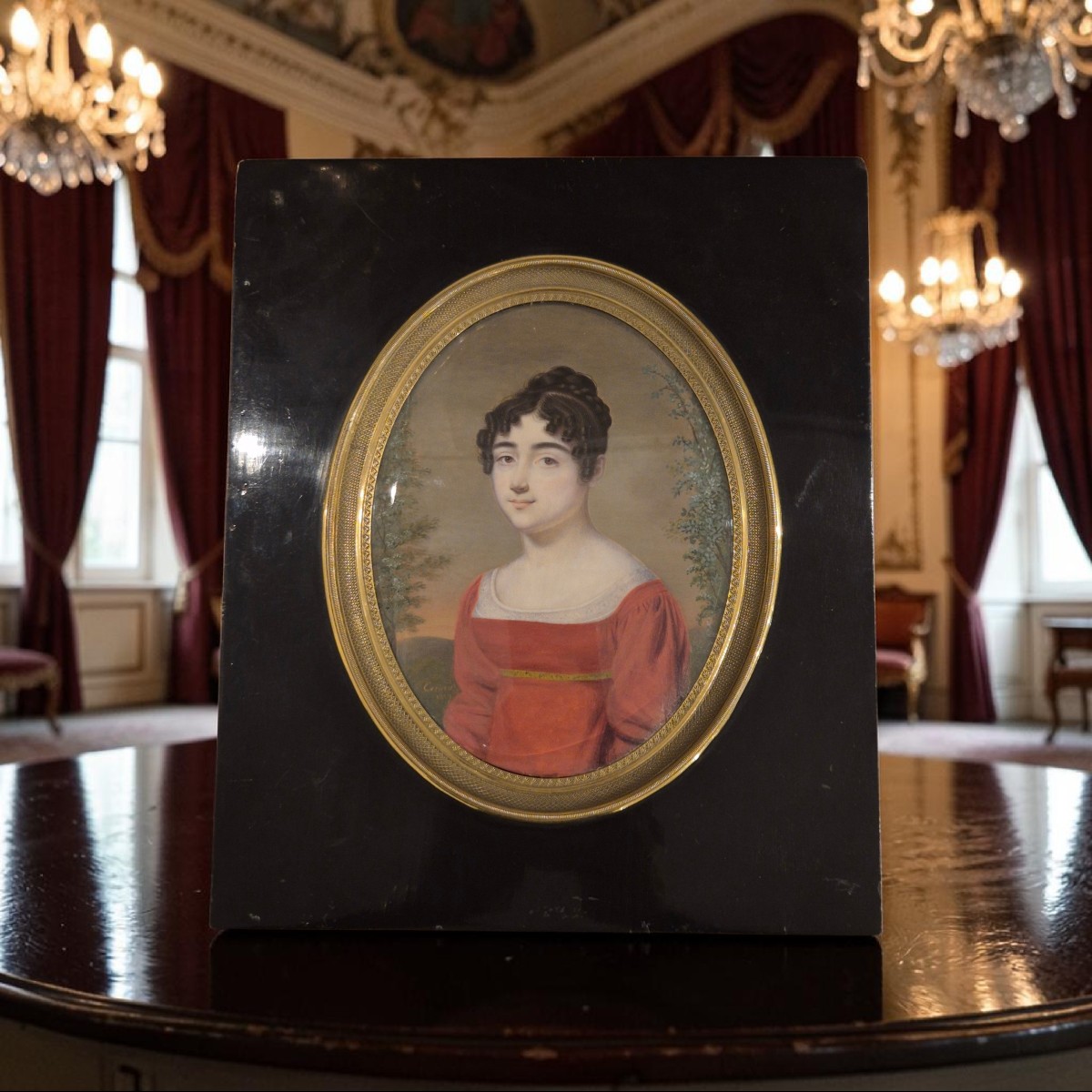 Ritratto di ragazza in rosso, dipinto , f.to Evrard , Francia XIX Secolo -photo-2