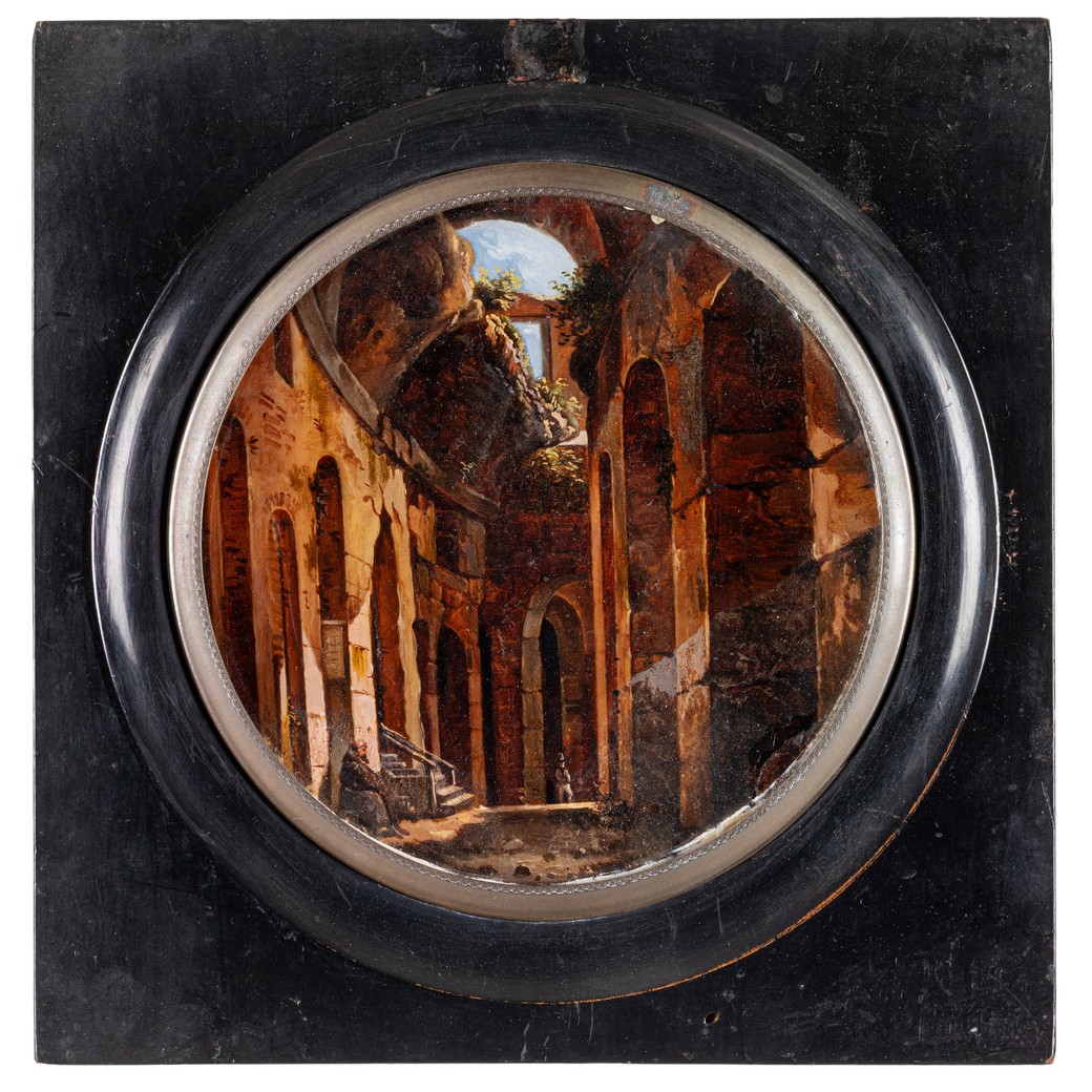 Interno del Colosseo, dipinto sottovetro  , Roma XIX Secolo Grandtour