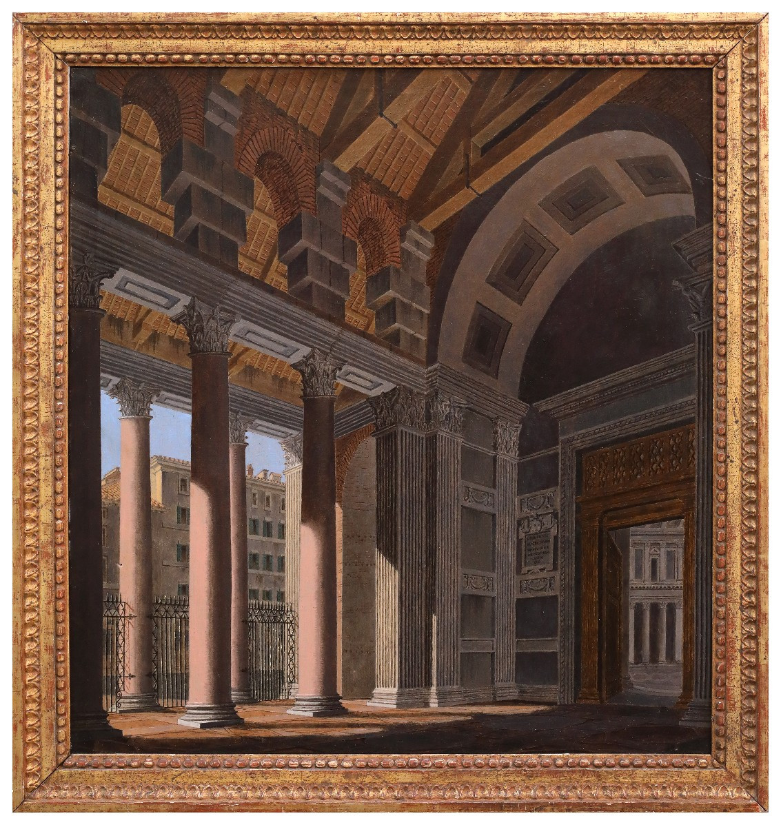 Coppia di vedute del portico del Pantheon , Dipinti Italia XIX Secolo Grand Tour-photo-3