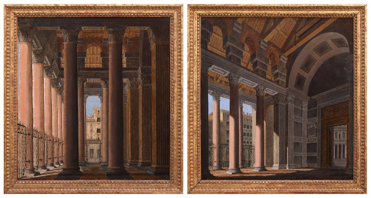 Coppia di vedute del portico del Pantheon , Dipinti Italia XIX Secolo Grand Tour