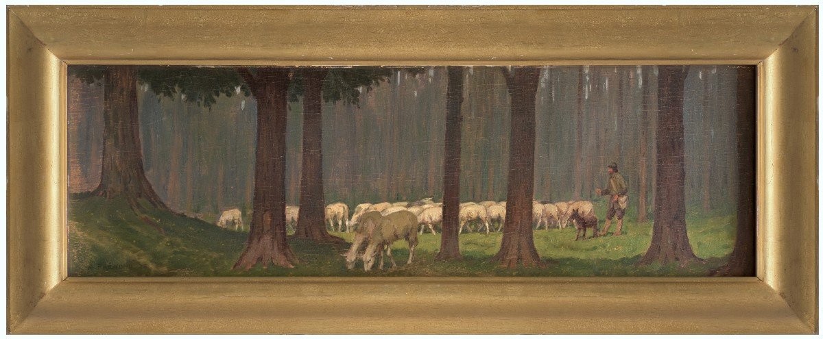 Pastore con armenti, quadro di A. Frémond, Francia inizi XX Secolo