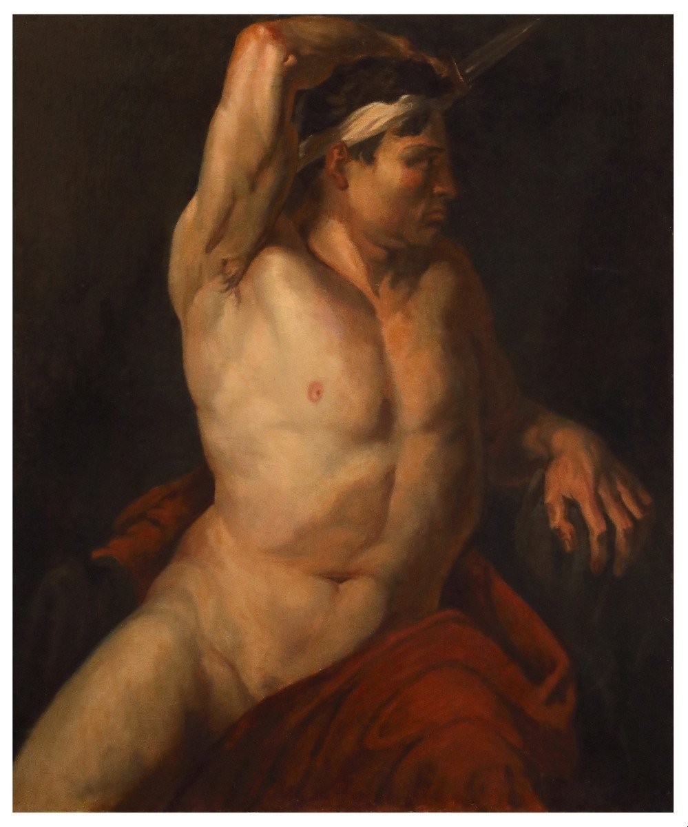 Nudo accademico con pugnale, Dipinto olio su tela , Francia inizi XIX Secolo-photo-2