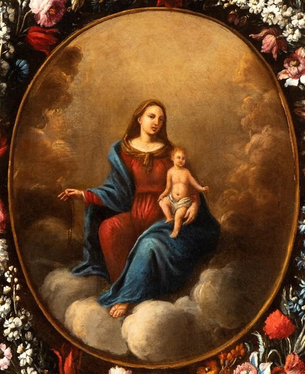 Madonna del Rosario in una ghirlanda di fiori, Dipinto, Roma XVII Secolo-photo-2