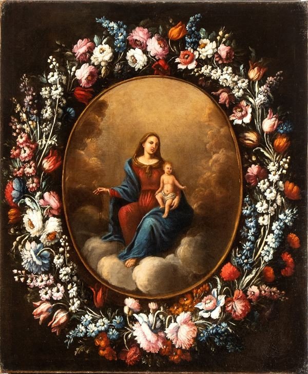 Madonna del Rosario in una ghirlanda di fiori, Dipinto, Roma XVII Secolo
