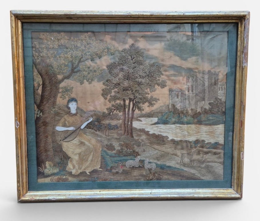 Suonatrice in un paesaggio , Ricamo Italia XVIII Secolo 
