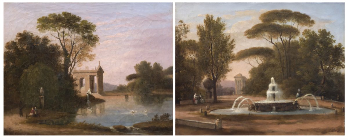 Coppia di paesaggi con vedute di Villa Borghese e Pincio , Dipinti Italia XIX Secolo grand tour