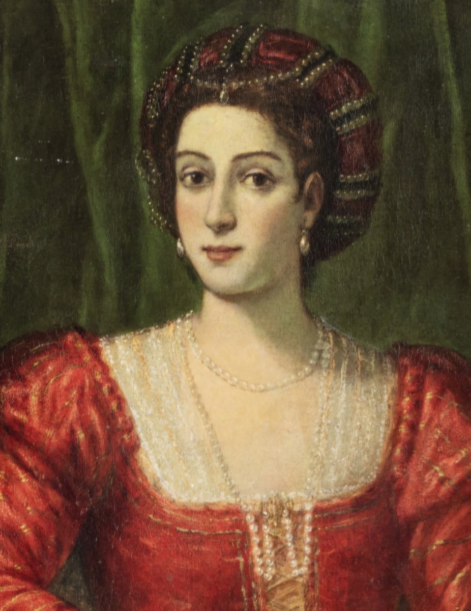 Ritratto di dama con collana di perle , dipinto Venezia XVI secolo Rinascimento-photo-2