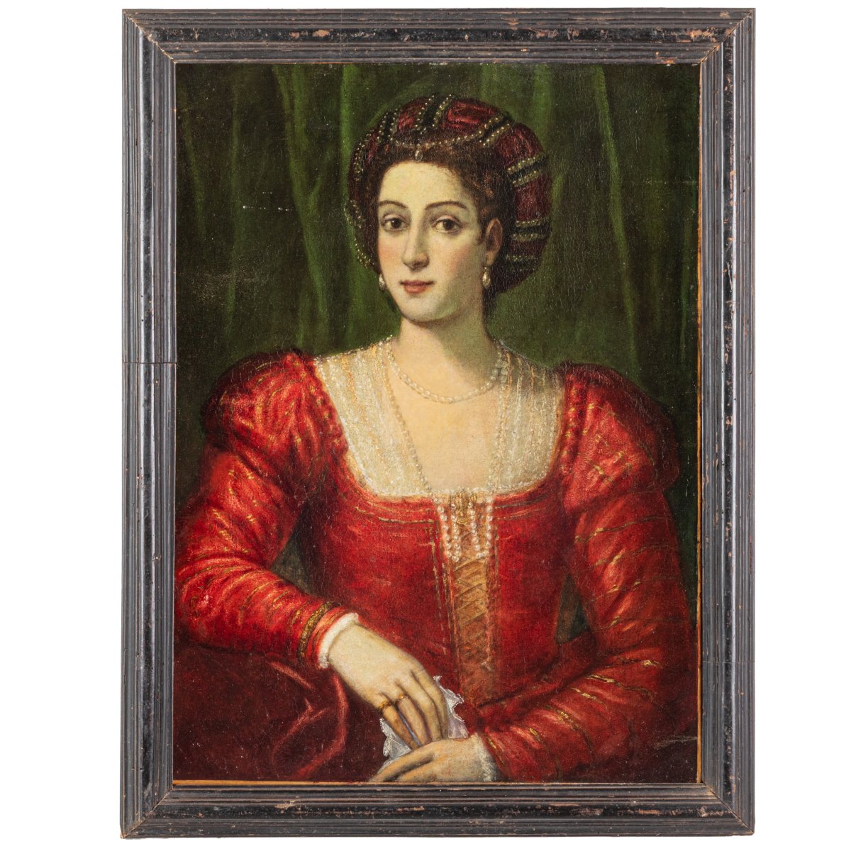 Ritratto di dama con collana di perle , dipinto Venezia XVI secolo Rinascimento