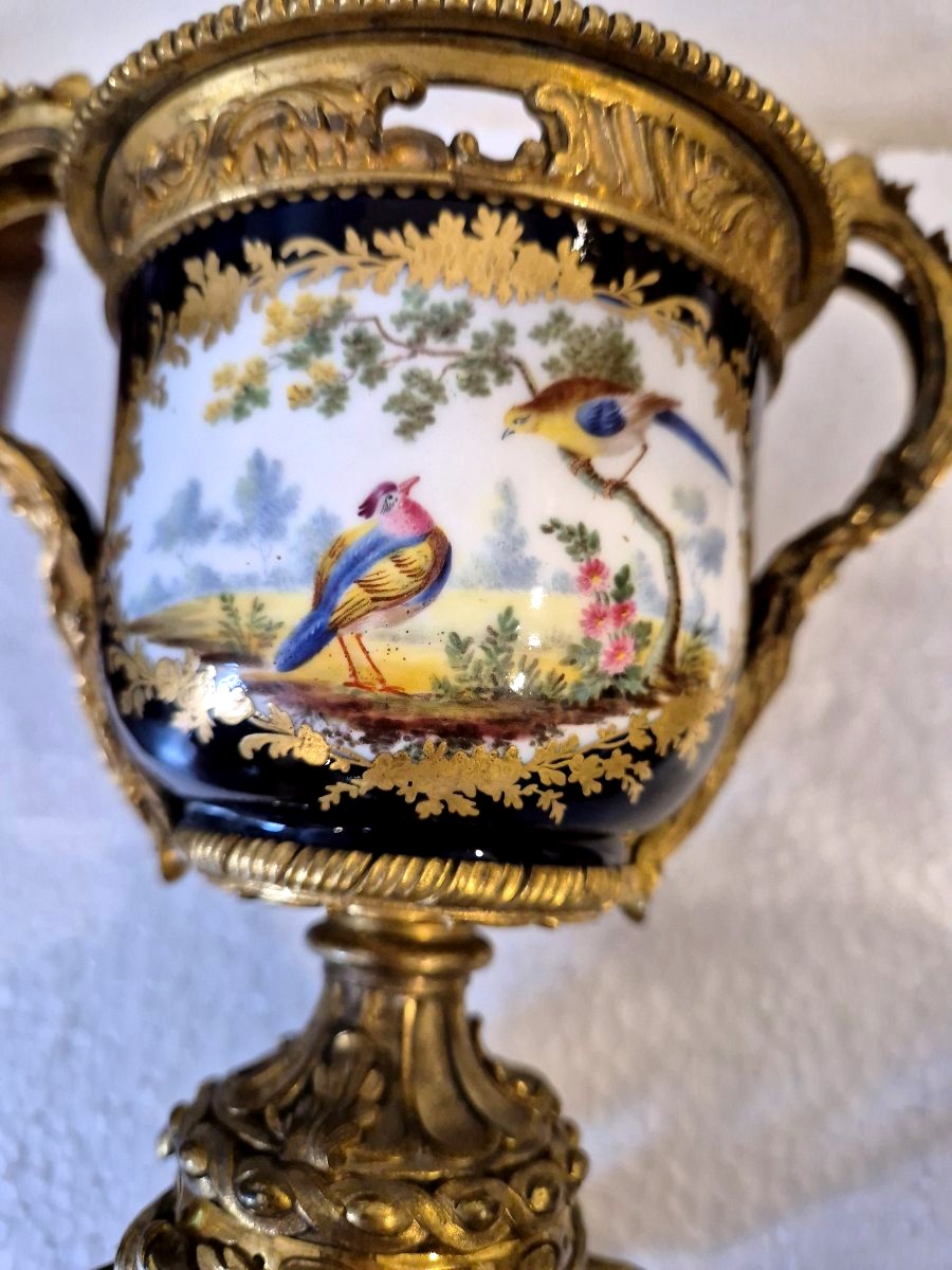 Potiche in porcellana tipo Sevres montata in bronzo dorato XIX secolo-photo-3