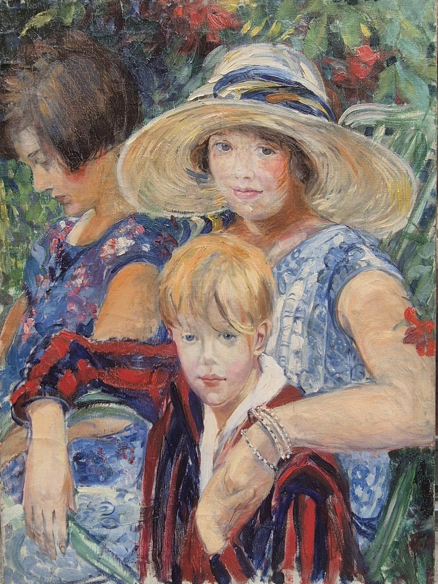 Ritratto di mamma  con figli, dipinto , inizi XX Secolo