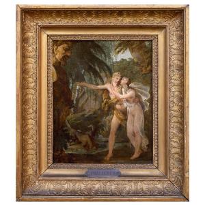 Due Amanti davanti il busto di Priapo , Dipinto di L.V.L. Palliere Francia XVIII-XIX Secolo 