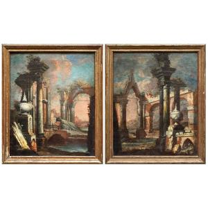 Coppia di Capricci architettonici , Dipinti Italia XVIII Secolo 