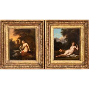 coppia di dipinti : Leda col Cigno, Venere e Cupido, Francia o Italia XIX Secolo 
