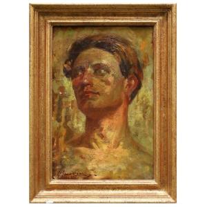 ritratto di giovane , dipinto olio su cartone, di G Iacovino Italia XX secolo