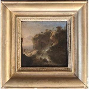 Paesaggio con la cascata di Tivoli  , Dip. italia , XVII Secolo amb. di H. Van Lint  Grand Tour