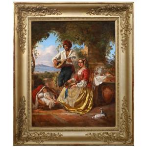Ritratto di famiglia con lo sfondo del Vesuvio, Dipinto , di A.J. Strutt italia  UK XIX Secolo