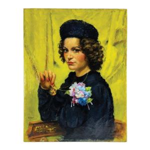 Ritratto di Donna con cappello e medaglione , "Ortensia", Dipinto , Italia 1930