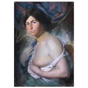 Ritratto di donna col seno nudo , Pastello su cartone , di S. Tarquini  Italia inizi XX Secolo