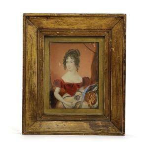 Ritratto di donna con chitarra, acquarello, Inghilterra XIX Secolo