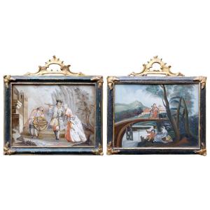 coppia di dipinti sottovetro. scene di genere , Venezia XVIII Secolo 