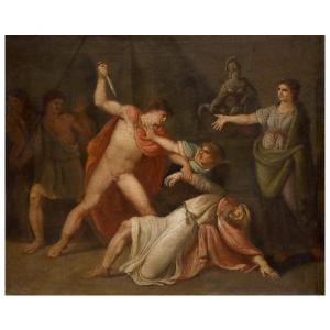 Scuola italiana neoclassica, La morte di Priamo, olio su tela fine XVIII sec in cornice Impero