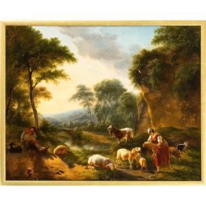Paesaggio arcadico italiano con pastori e gregge, dipinto , Francia XVIII Secolo 