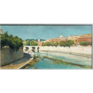 veduta di Roma moderna , lungotevere della Vittoria , Dipinto Italia 1940 ca