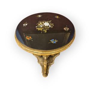 Gueridon con piano in marmo intarsiato, legno intagliato e marmo, Firenze, XIX secolo Grandtour