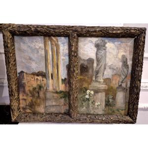 Olio su tavoletta Scuola Italiana Ferruccio Scattola Veduta del Foro Romano XX secolo