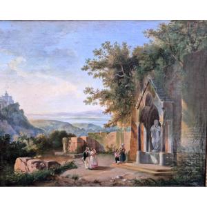 cappella della campagna romana con veduta di Ariccia Dipinto , Italia XIX Secolo Grandtour