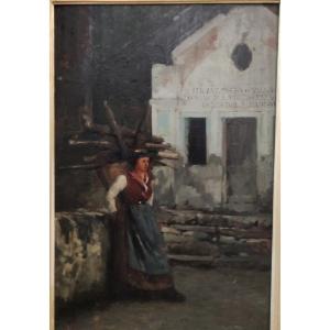 Donna portalegna ad un passo di montagna , Dipinto di G Grosso , Italia XIX secolo 
