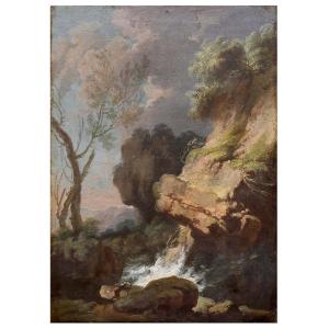 Paesaggio con figura , Dipinto di A. De Marchis (?) Italia XVIII Scolo